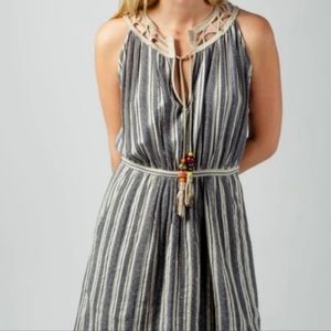 Stripe Sun Dress w/ Pockets & Bead Tassles Navy Blue & Beige Leather Trim XS